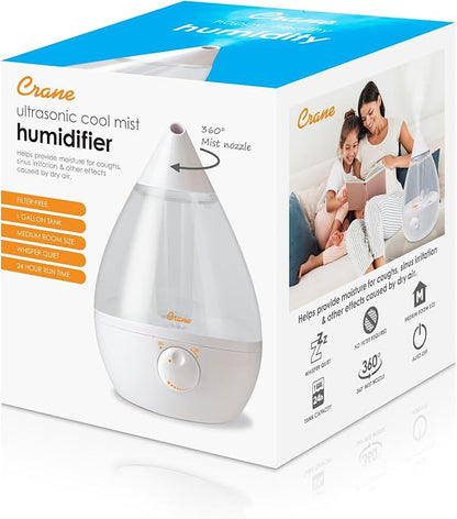 Crane White Teardrop Ultrasonic Cool Mist Humidifier, 1 Gallon Auto Shut-Off for Large Room, Baby Nursery, Bedroom Office, Clear & White - Image 8