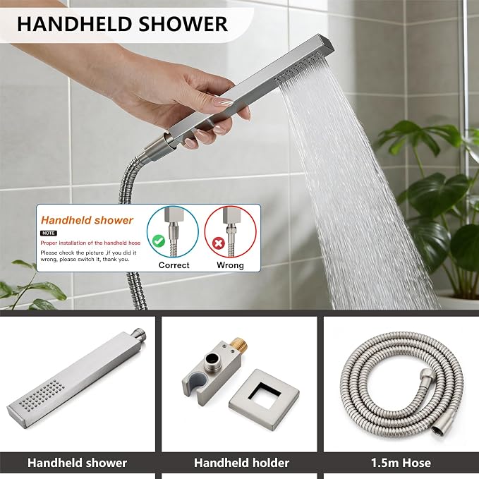 Midanya Rain Shower System Tub Shower Faucet Set Square Rainfall Waterfall Shower Head with Handheld Sprayer Tub Spout Combo Wall Mounted bathtub faucet set Rough-in Valve, 10 Inch Brushed Nickel - Image 7