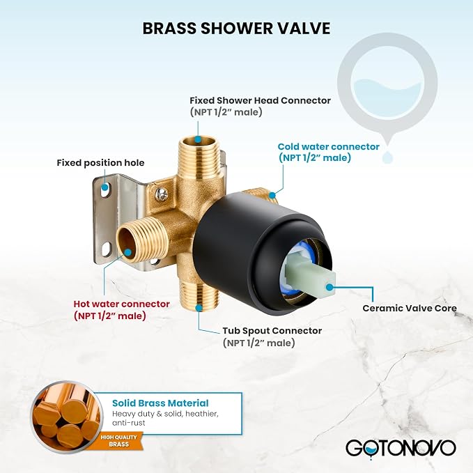 gotonovo Tub Shower Faucet Set,2 in 1 Dual Shower Head and Handle Set with Tub Spout Wall Mount Bathroom Shower Trim Kit with 3-way Water Diverter Valve Included Various Modes Matte Black - Image 6