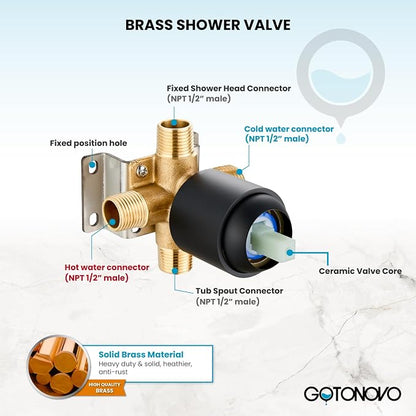 gotonovo Tub Shower Faucet Set,2 in 1 Dual Shower Head and Handle Set with Tub Spout Wall Mount Bathroom Shower Trim Kit with 3-way Water Diverter Valve Included Various Modes Matte Black - Image 6
