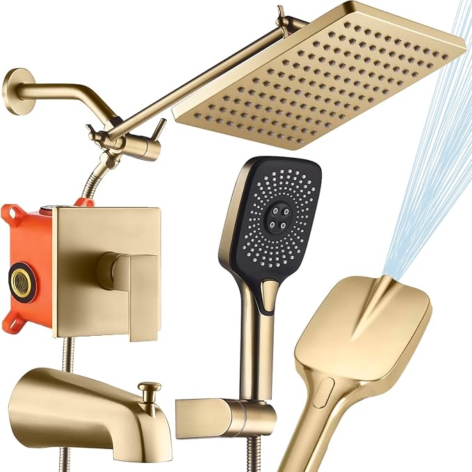 Shower Faucet Set with Tub Spout Brushed Gold 10 Inch Rainfall Shower 4 Setting Spray Mixer Shower System Modern Luxury Wall Mounted Tub Shower Faucet Set Rough-in Valve Body (Brushed Gold) by SUNZOE