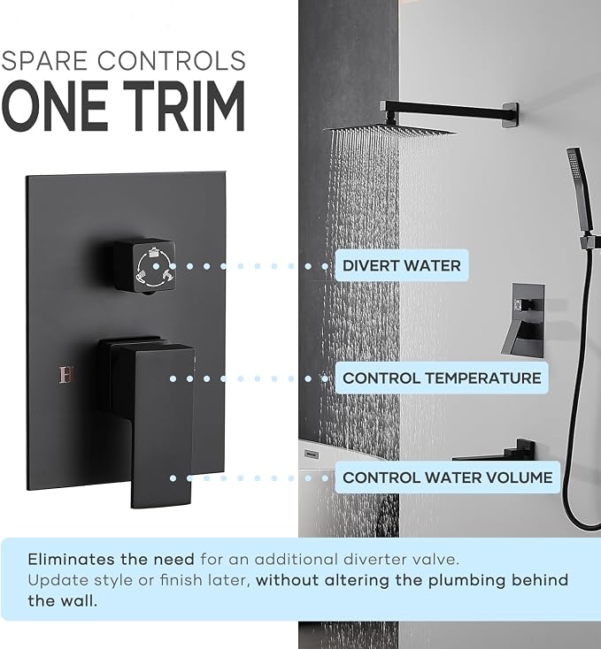 AVSIILE Shower Faucet Set with Tub Spout, Matte Black Rain Shower Mixer Valve and Trim Kit System with Base Complete, Rainfall Modern Shower Head and Handheld Handle Set Combo for Bathroom, 10 Inch - Image 4