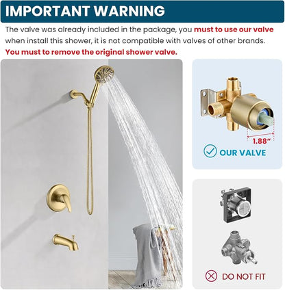 gotonovo Bathroom Shower Head Kit High Pressure Combo System Shower Faucet 6 Modes ABS Handheld Spray Shower Trim Kit Valve Included Shower Head and Handle Set Brushed Gold - Image 2