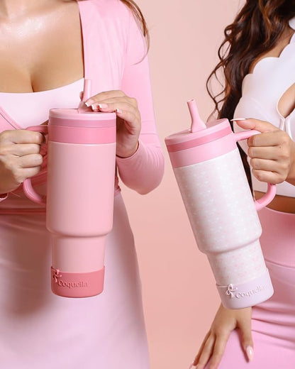40 oz Insulated Tumbler with Handle and Push-Button Straw Lid, Stainless Steel Travel Cup for Gym Office, Leakproof, BPA-Free, Cup Holder Friendly, Bow Silicone Boot, Pink (Rose Quartz) - Image 8