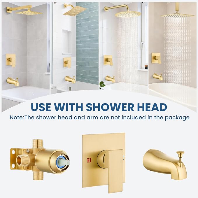 Airuida Shower Faucet Set – Square Shower Valve Trim Kit with Pull-up Tub Spout,Single Handle Wall-Mounted Bathtub Faucet,Solid Brass Rough-in Mixer Valve,Brushed Gold - Image 3
