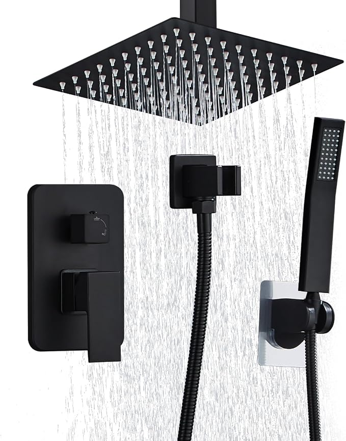 8 Inch Shower Faucet Set Ceiling Mount, High Pressure Rainfall Shower System, Square Rain Shower Head with Handheld Spray Combo, Ceiling Luxury Rainfall Shower Fixtures Matte Black (L-Style) by RTOBWEYE