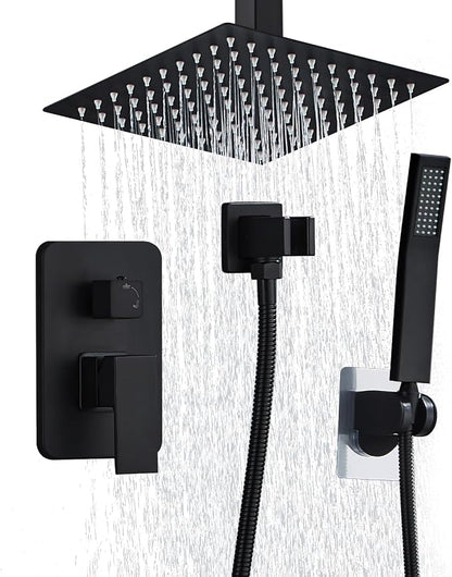 8 Inch Shower Faucet Set Ceiling Mount, High Pressure Rainfall Shower System, Square Rain Shower Head with Handheld Spray Combo, Ceiling Luxury Rainfall Shower Fixtures Matte Black (L-Style) by RTOBWEYE