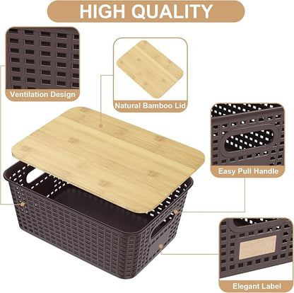 6Pcs Storage Bins with Lids, Stackable Plastic Storage Basket with Bamboo Lid - Image 3
