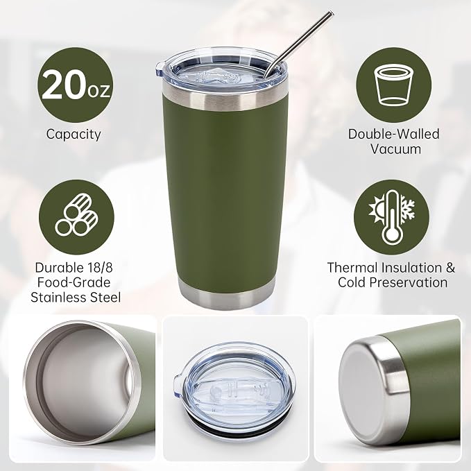 IEOVIEE 32 Pack, 20oz Stainless Steel Bulk Tumblers with Lids and Straws, Double Wall Insulated Travel Coffee Mug, Durable Powder Coated Tumbler Bulk Cup for Cold and Hot Drinks(Army Green) - Image 5