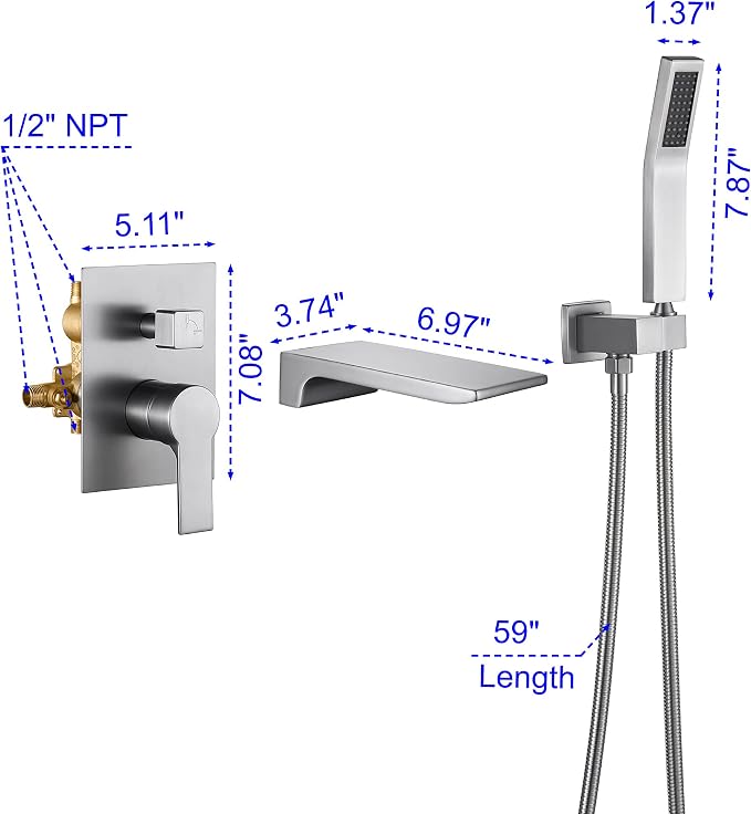 SHAMANDA Waterfall Wall Mounted Bathtub Faucet with Hand Shower, Bathroom Single Handle Tub Faucet Modern Brass Tub Shower Faucet Set(Including Rough-In Valve Body and Trim), Brushed Nickel, L901-2 - Image 7