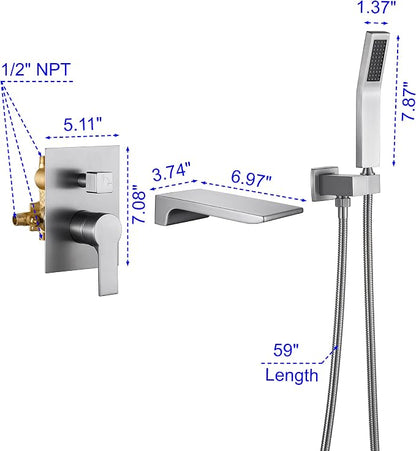 SHAMANDA Waterfall Wall Mounted Bathtub Faucet with Hand Shower, Bathroom Single Handle Tub Faucet Modern Brass Tub Shower Faucet Set(Including Rough-In Valve Body and Trim), Brushed Nickel, L901-2 - Image 7