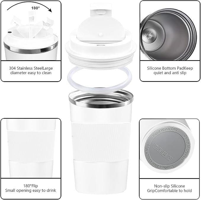 YINBAOGE Insulated Travel Coffee Mug, Spill & Leak Proof, Portable To Go Camping Stainless Steel Coffee Tumbler, Reusable Thermal Coffee Cup with Lid for Hot & Cold Drinks (White, 17 OZ) - Image 2