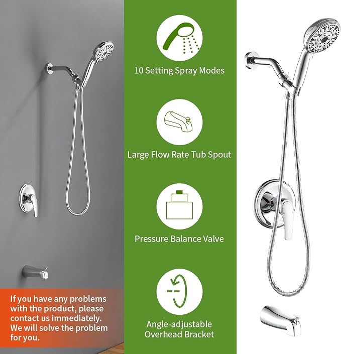 Tub Shower Faucet Set with 10 Spray Handheld Shower Chrome Shower Head and Handle Set Shower System with Tub Spout 4.7 Inch Shower Handheld Shower Fixtures Tub and Shower Trim Kit - Image 2