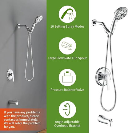 Tub Shower Faucet Set with 10 Spray Handheld Shower Chrome Shower Head and Handle Set Shower System with Tub Spout 4.7 Inch Shower Handheld Shower Fixtures Tub and Shower Trim Kit - Image 2
