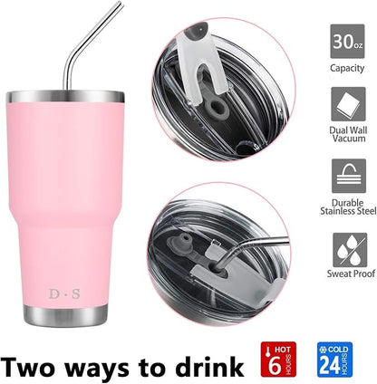 D·S 30 oz Pink Tumbler Stainless Steel Double Wall Vacuum Insulated Mug with Straw and Lid, Cleaning Brush for Cold and Hot Beverages (30oz Pink) - Image 3