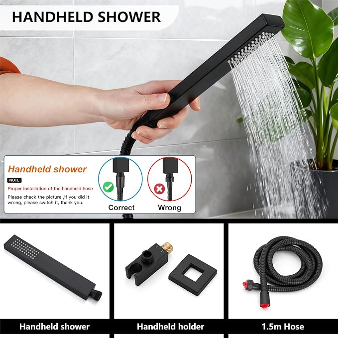 Midanya Shower System with Tub Spout,Bathtub Shower Faucet Set with Square Rainfall Head and Handheld Sprayer Wall Mount Tub Faucet Set with Valve and Trim Kit,10 Inch Matte Black - Image 6