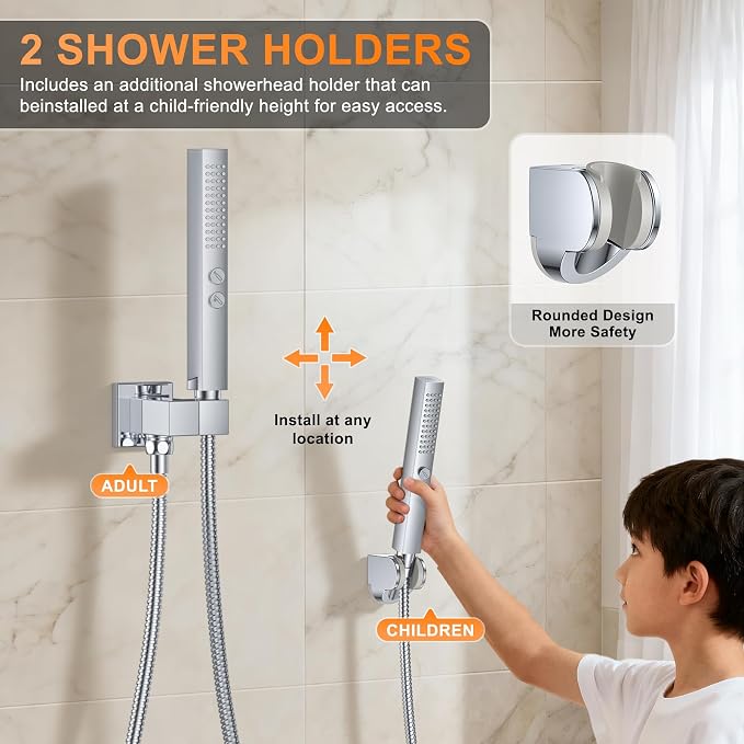 Chrome Shower System with Tub Spout, Ceiling Mounted Bathtub Shower Faucet Set, 12" Rainfall Shower Head and Handheld Shower Combo, High Pressure Shower Fixtures Set with Rough-in Valve - Image 5