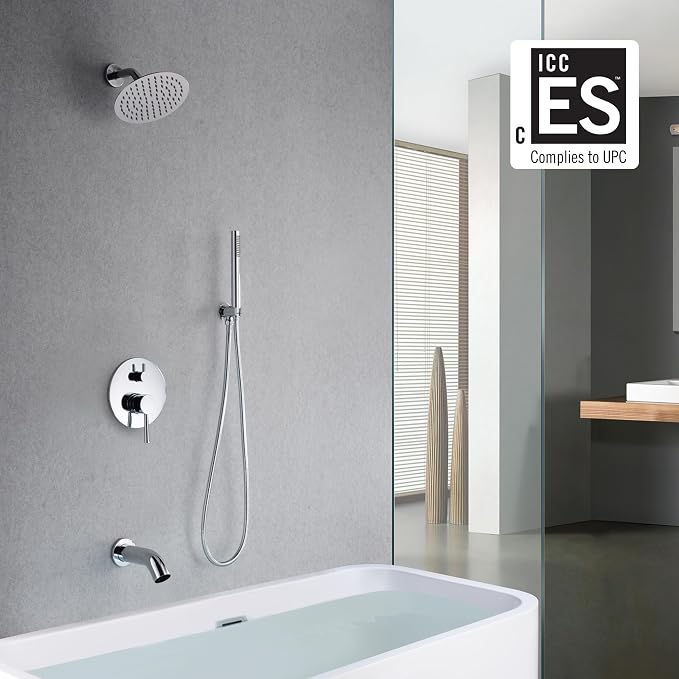sumerain Rain Shower System with Tub Spout, Tub Shower Faucet Set with 8 inches Shower Head and Hand Shower, Valve Included Chrome - Image 2