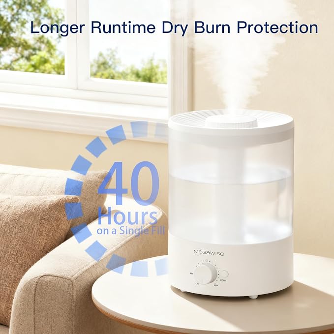 MegaWise Healthy Top-Refill Cool Mist Humidifiers for Bedroom, 24dB Ultrasonic Air Vaporizer with Water Filter for Baby [PP Material], Colorful Night Light,1 Gal Essential Oil Diffuser, Auto Shut Off - Image 8