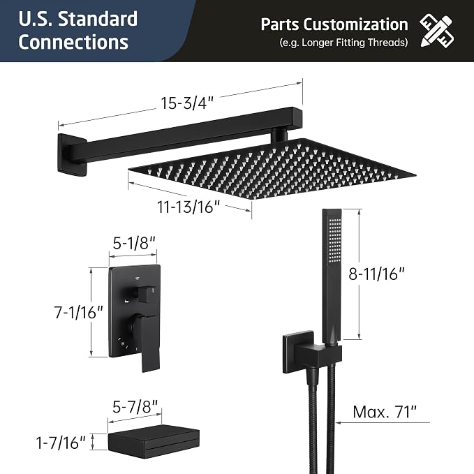 KES Black Shower Faucet Set Complete, 12 Inch Rainfall Shower Head with Handheld Spray, Waterfall Tub Spout Bathtub Faucet, Shower System, Regaderas Modernas Para Ducha, XB6305F18S12-BK - Image 6