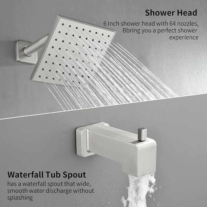 Brushed Nickel Shower Faucet Set, 6 Inch Rain Shower Head and Tub Spout, Shower Fixtures with Tub Spout, Tub and Shower Trim Kit - Image 4