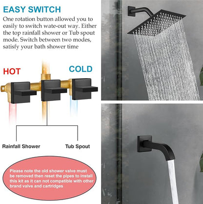 Midanya 3 Handle Tub Shower Faucet with Tub Spout,8-inch Rainfall Bathtub Rain Shower Faucet Set and Rough-in Valve Wall Mount Bathroom Trim Kit Shower System, Square Shower Head Matte Black - Image 7