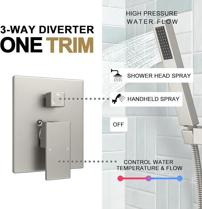 Lava Odoro Modern 2-Setting Square Shower System with Rain Shower Head and Handheld Spray Brushed Nickel, Rainfall Shower Faucet Set Brushed Nickel, Shower Valve and Trim Kit, SF103-BN - Image 5
