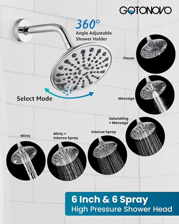 gotonovo 3 Handle Tub Shower Faucet Set, Bathtub Shower Fixture,Bathroom Tub and Shower Faucet Combo Shower System Complete Tub and Shower Trim Kit with 6 Settings Showerhead Polished Chrome - Image 3