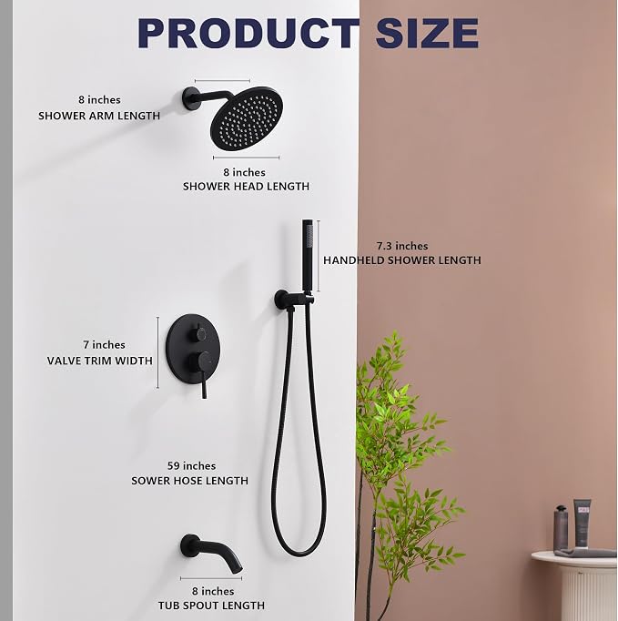Shower System with Tub Spout, Black Bathtub Shower Faucet Set, 8" Rain Shower Head and Handheld Spray Combo, Round Shower Head and Handle Set with Tub Spout (Valve Included), Matte Black - Image 3