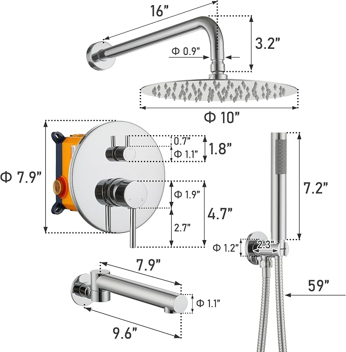 MONDAWE Round Shower Faucets Sets Complete with Tub Spout, Wall Mounted Shower System 10 Inch Rainfall Shower Head with Handheld Combo, Chrome High Pressure Shower Faucet Set - Image 5