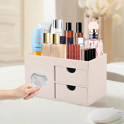 Square Tissue Box Cover with Drawers, Tissue Box Holder with Storage Tray - Image 2