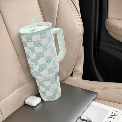 SANDJEST 40oz Daisy Flower Tumbler with Handle and Straw - Insulated Stainless Steel Coffee Travel Mug for Women Girls, Floral Gift Idea for Birthday Christmas - Image 9