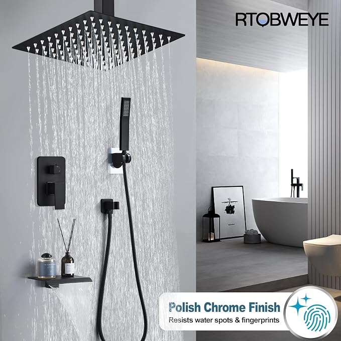 12 Inch Shower Faucet Set, Ceiling Mounted Rainfall Shower System with High Pressure Handheld Shower Head, Bathroom Mixer Shower Set Rough-in Valve and Trim Kit, Matte Black, with Tub Spout - Image 2