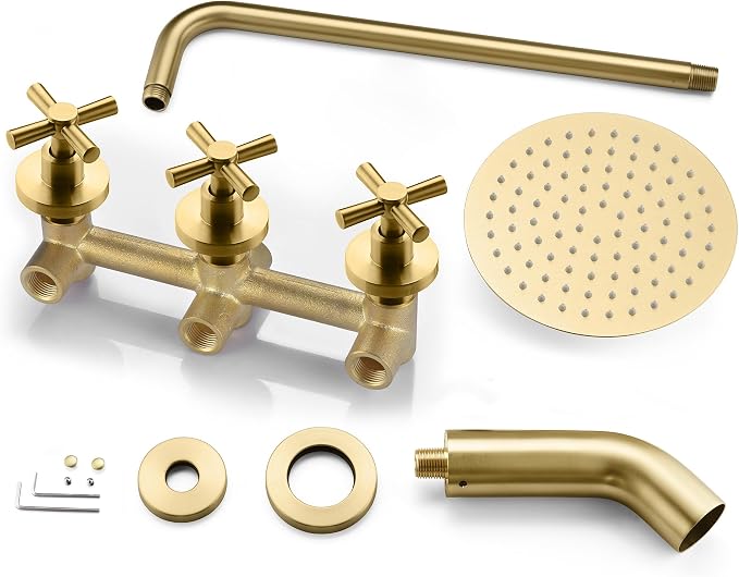 SUMERAIN 3 Handle Tub Shower Faucet Set with Waterfall Tub Spout and 3-Cross Handles, Wall Mounted Rainfall Bathtub Shower Faucet Brushed Gold - Image 6