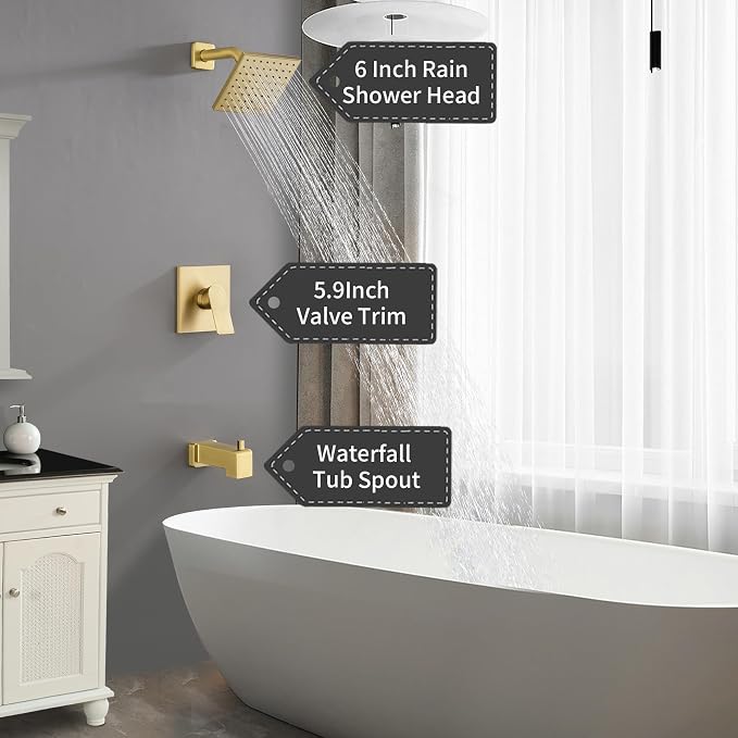 Brushed Gold Shower Faucet Set with Tub Spout, 6 Inch Rain Shower Head and Tub Spout, Shower Fixtures with Tub Spout, Tub and Shower Trim Kit - Image 6
