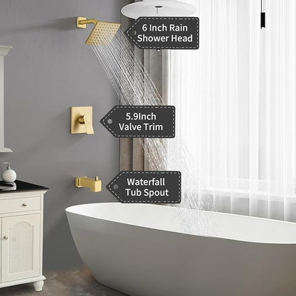 Brushed Gold Shower Faucet Set with Tub Spout, 6 Inch Rain Shower Head and Tub Spout, Shower Fixtures with Tub Spout, Tub and Shower Trim Kit - Image 6