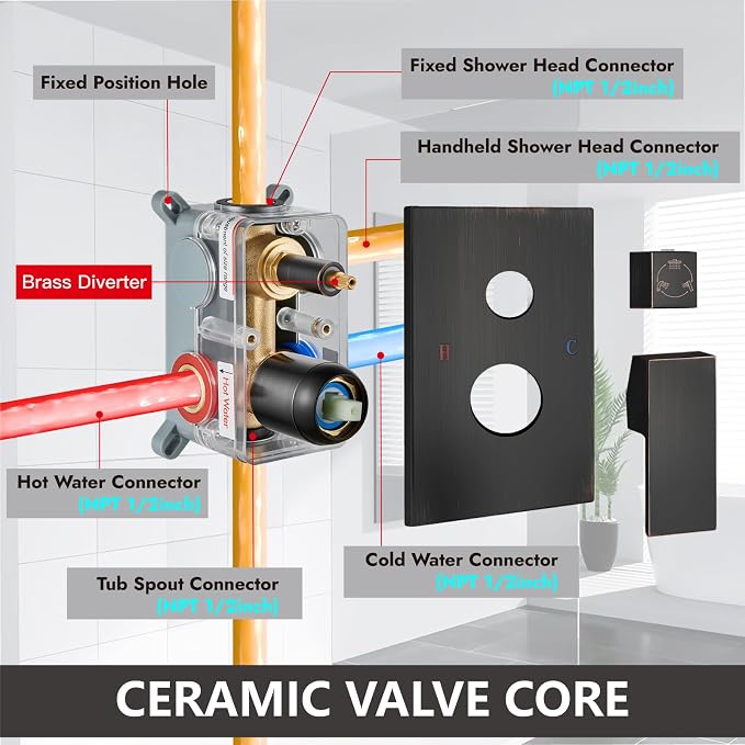Midanya Shower System with Tub Spout,Bathtub Shower Faucet Set with Square Rainfall Head and Handheld Sprayer Wall Mount Tub Faucet Set with Valve and Trim Kit,10 Inch Oil Rubbed Bronze - Image 6