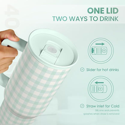 SANDJEST Mint Gingham 40oz Slider Tumbler with Handle and Straw - Insulated Stainless Steel Travel Coffee Mug for Women Girls, Gift for Birthday, Christmas - Image 5