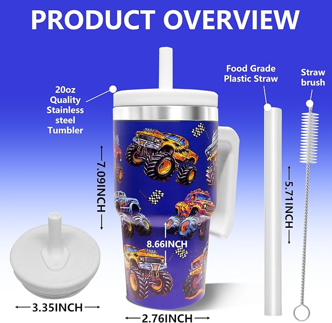 2PCS 20-OZ Insulated Water Bottle,Insulated Stainless Steel Tumbler,Reusable Cold Drink Thermos,BPA-Free, Double-Wall Stainless Steel Water Bottle (Dark blue-Monster trucks, 20, Fluid Ounces) - Image 2