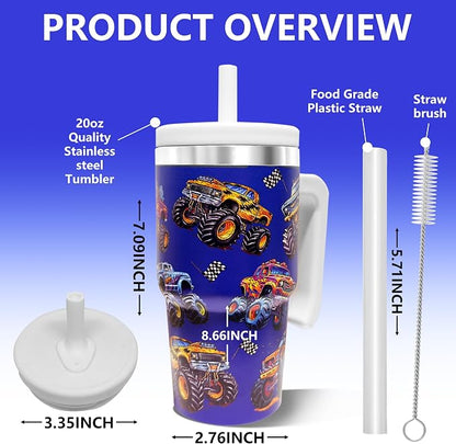 2PCS 20-OZ Insulated Water Bottle,Insulated Stainless Steel Tumbler,Reusable Cold Drink Thermos,BPA-Free, Double-Wall Stainless Steel Water Bottle (Dark blue-Monster trucks, 20, Fluid Ounces) - Image 2