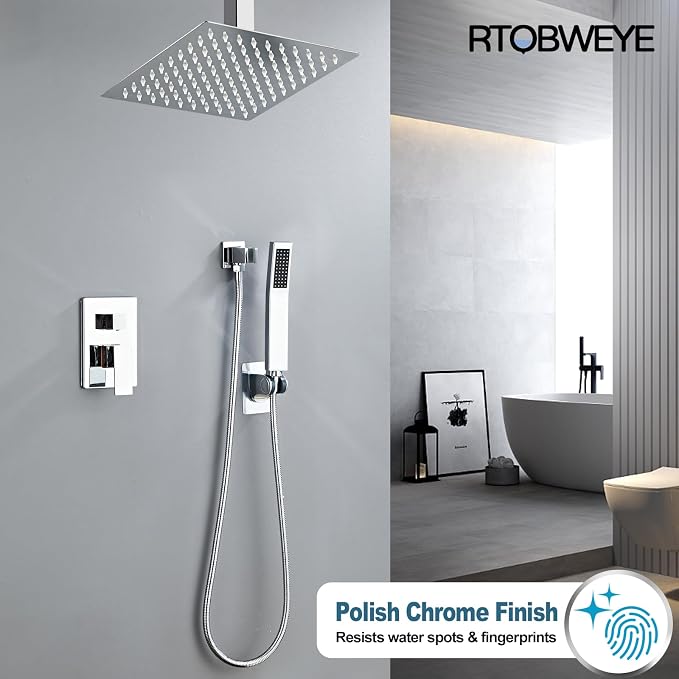 8 Inch Shower Faucet Set Ceiling Mount, High Pressure Rainfall Shower System, Square Rain Shower Head with Handheld Spray Combo, Ceiling Luxury Rainfall Shower Fixtures (L-Style) - Image 5