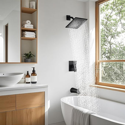 Shower Faucet Set with Tub Spout, 8 Inch Square Wall Mounted Rainfall Shower Head with Rough-in Valve Body, Bathroom Shower Trim Kit Single Function RV Shower System(Matte Black) - Image 2
