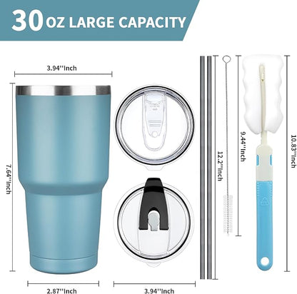 30 oz Tumbler with Lids and Straws, Stainless Steel Insulated Coffee Tumbler, Double Wall Vacuum Insulated Travel Mug Cup, Leakproof Thermal Coffee Cup for Hot and Cold Drinks (Azure Blue) - Image 2