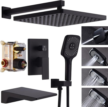 Shower System with Tub Spout 10 Inch Overhead Shower 4 Setting Handheld Spray Rough In Pressure Balance Valve Body with Trim Kit Wall Mounted Rainfall Bathtub Shower Faucet Set (Matte Black) by YESIMI
