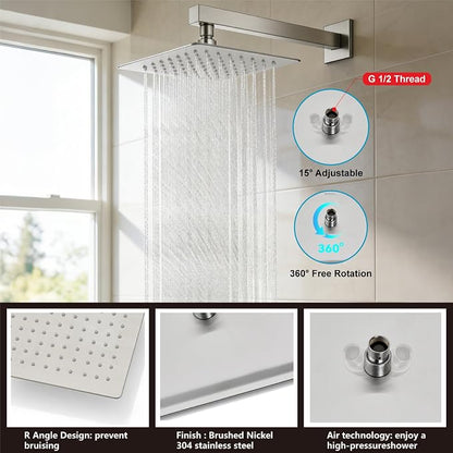 Midanya Shower System with Tub Spout,Bathtub Shower Faucet Set with Square Rainfall Head and Handheld Sprayer Wall Mount Tub Faucet Set with Valve and Trim Kit,10 Inch Brushed Nickel - Image 8
