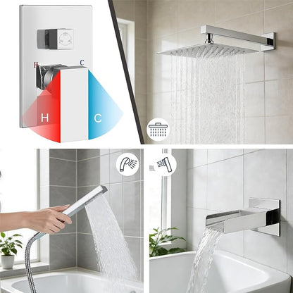 Midanya Rain Shower System Tub Shower Faucet Set Square Rainfall Waterfall Shower Head with Handheld Sprayer Tub Spout Combo Wall Mounted bathtub faucet set Rough-in Valve, 12 Inch Polish Chrome - Image 4