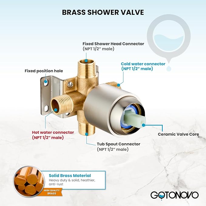 gotonovo Tub Shower Faucet Set,2 in 1 Dual Shower Head and Handle Set with Tub Spout Wall Mount Bathroom Shower Trim Kit with 3-way Water Diverter Valve Included Various Modes Brushed Nickel - Image 6