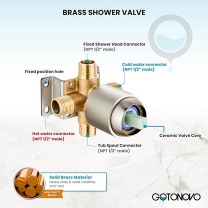 gotonovo Tub Shower Faucet Set,2 in 1 Dual Shower Head and Handle Set with Tub Spout Wall Mount Bathroom Shower Trim Kit with 3-way Water Diverter Valve Included Various Modes Brushed Nickel - Image 6