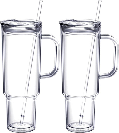 MEWAY 40 oz Acrylic Tumbler with Handle and Straw Lid，Double Wall Vacuum Reusable plastic Water Bottle Travel Mug Cup，Classic Tumblers Cupholder Friendly (2 Pack) by MEWAY