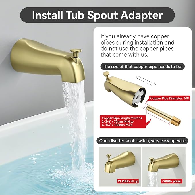 2 Handle Shower Faucet Set with Tub Spout 6-Spray Shower Head and Handle Set Shower Trim Kit with Rough-in Valve Bathroom Shower Faucet Valve Trim Kit Brushed Gold - Image 7
